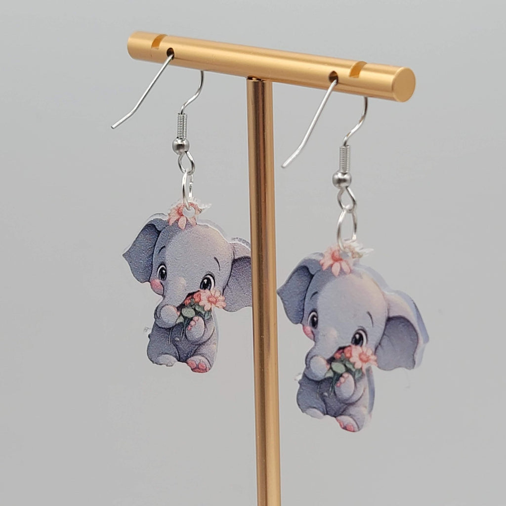 Elephant Pierced Earrings Acrylic Silver tone Dangle  1.25 in