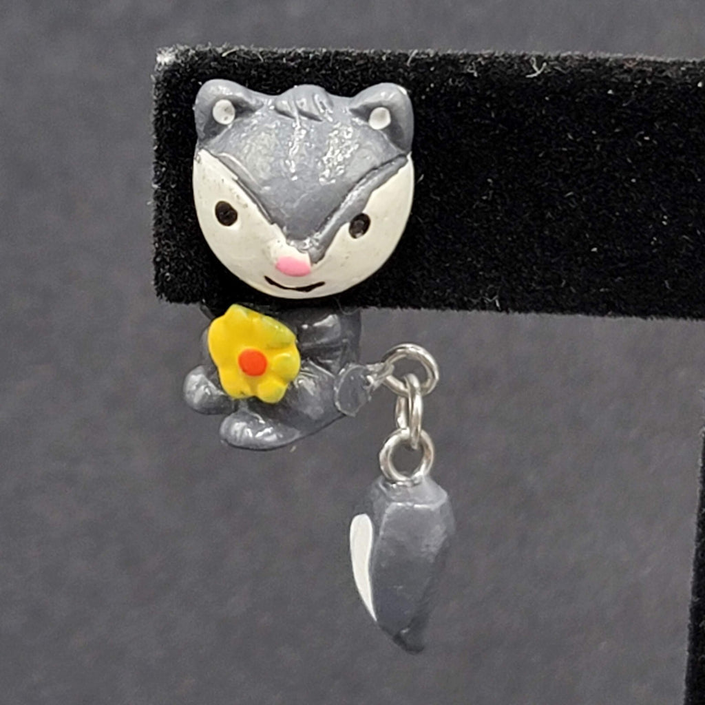 Vintage Pierced Earrings Gray Hand Painted 3D Skunk Dangle 1.25"