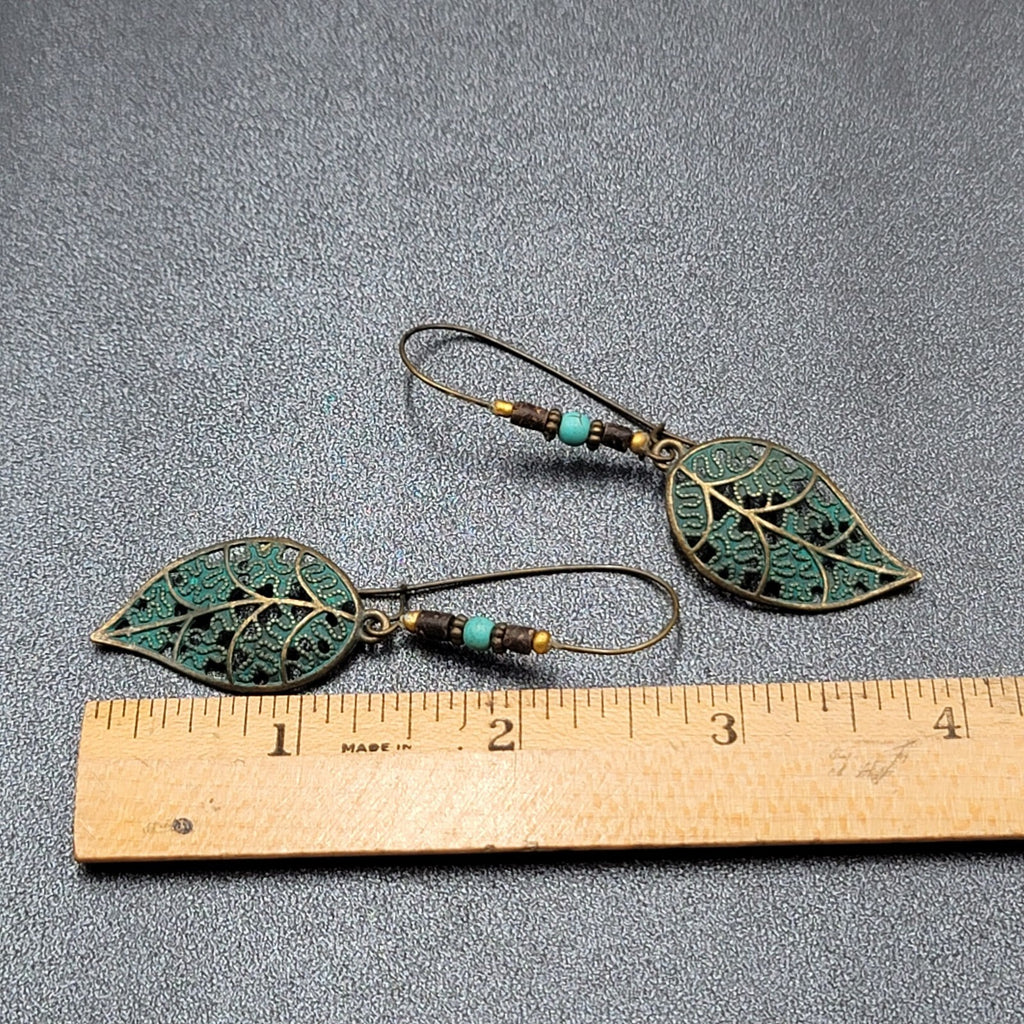 Boho Pierced Earrings Bronze tone Faux Patina Leaf Beaded 2.75"