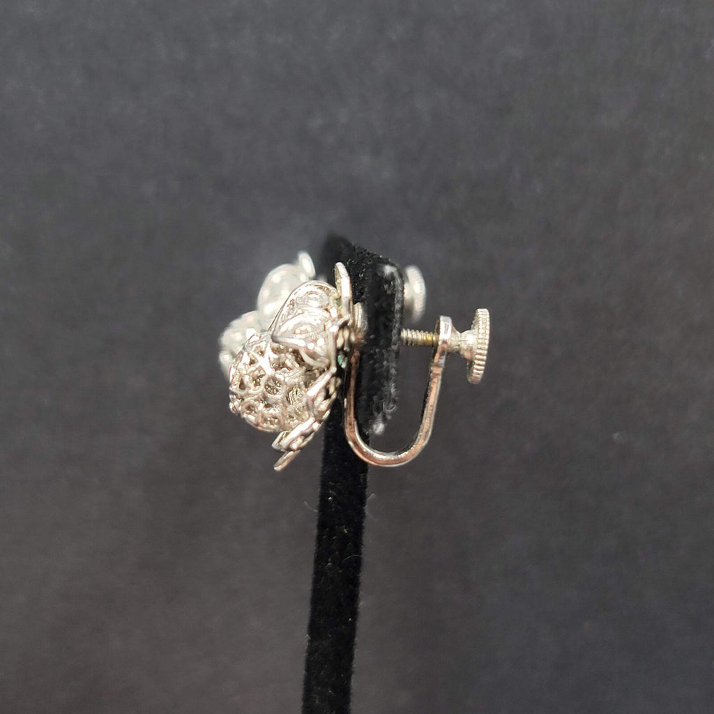 Vintage Clip on Earrings Silver tone Filigree Flower Studs 3/4"