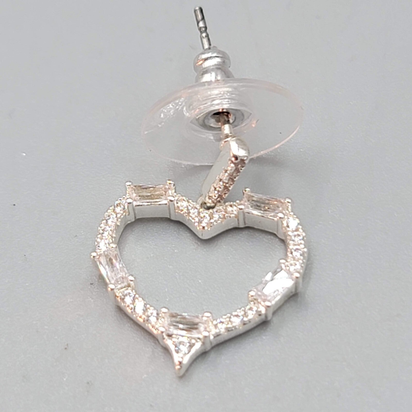 Heart Pierced Earrings Crystal Open Work Dangle Silver Plated 7/8"