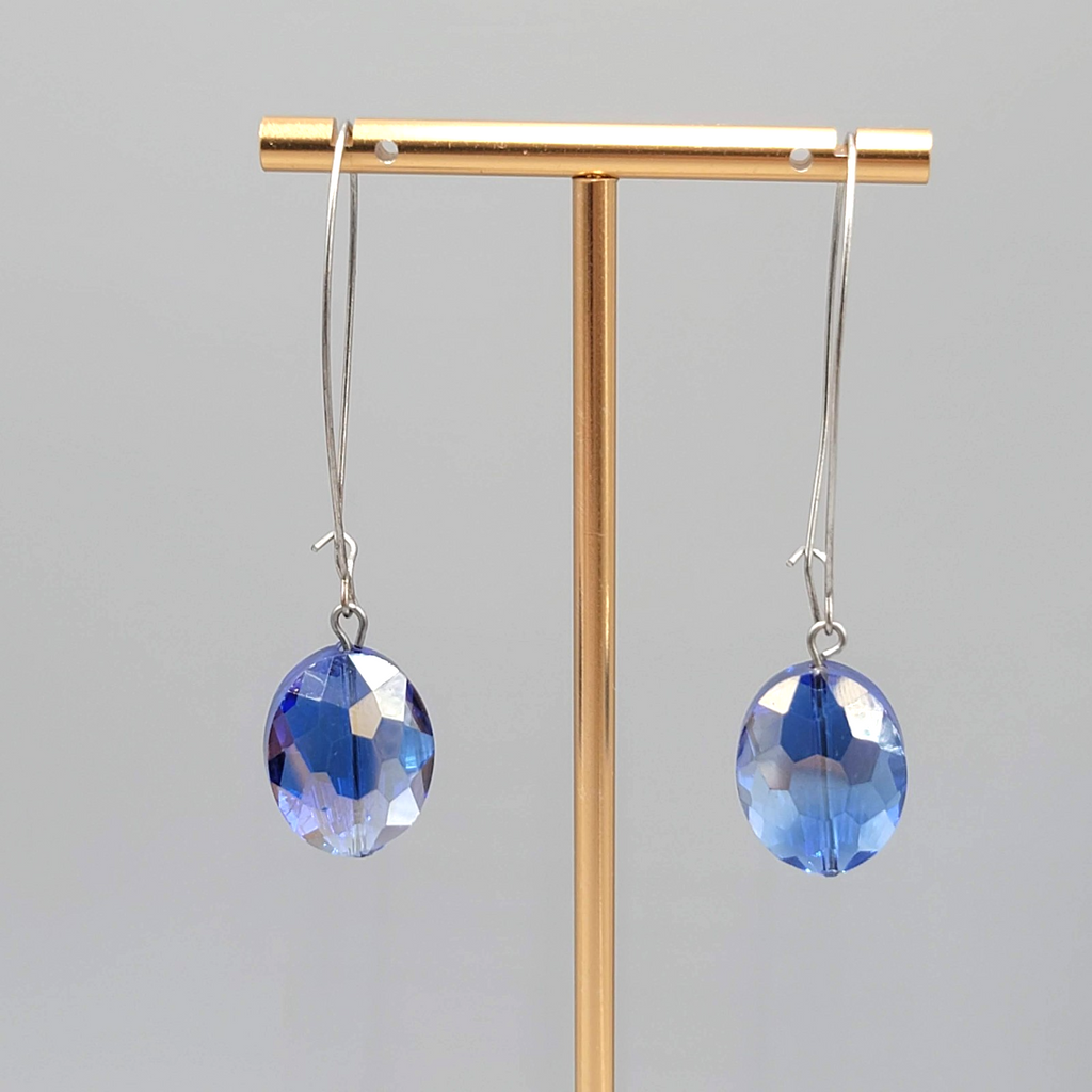 Faceted Blue Crystal Bead Pierced Earrings Silver tone Dangle Long 2.75 in