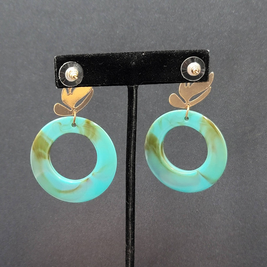 Pierced Earrings Gold tone Turquoise Acrylic Lightweight 2.25"
