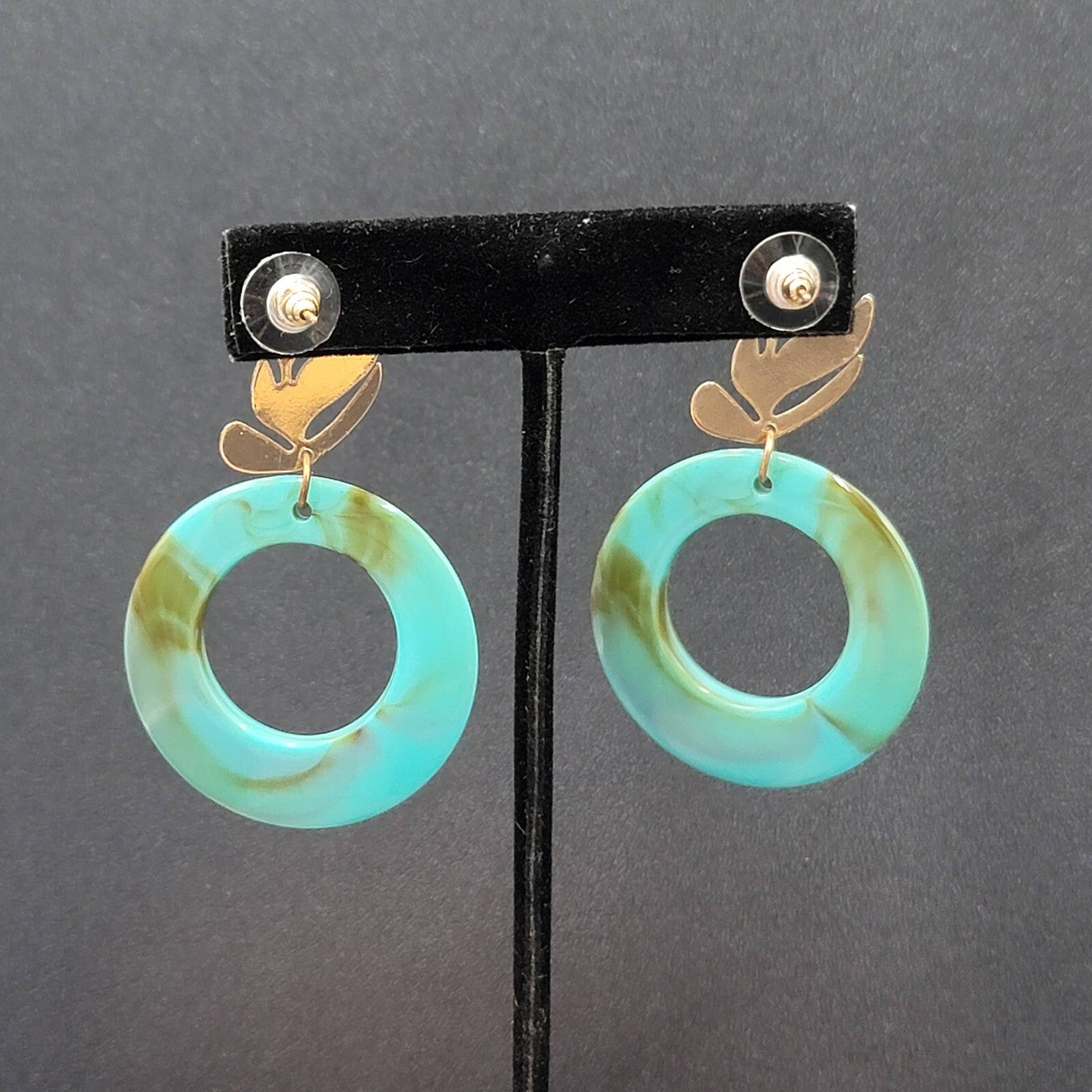 Pierced Earrings Gold tone Turquoise Acrylic Lightweight 2.25"