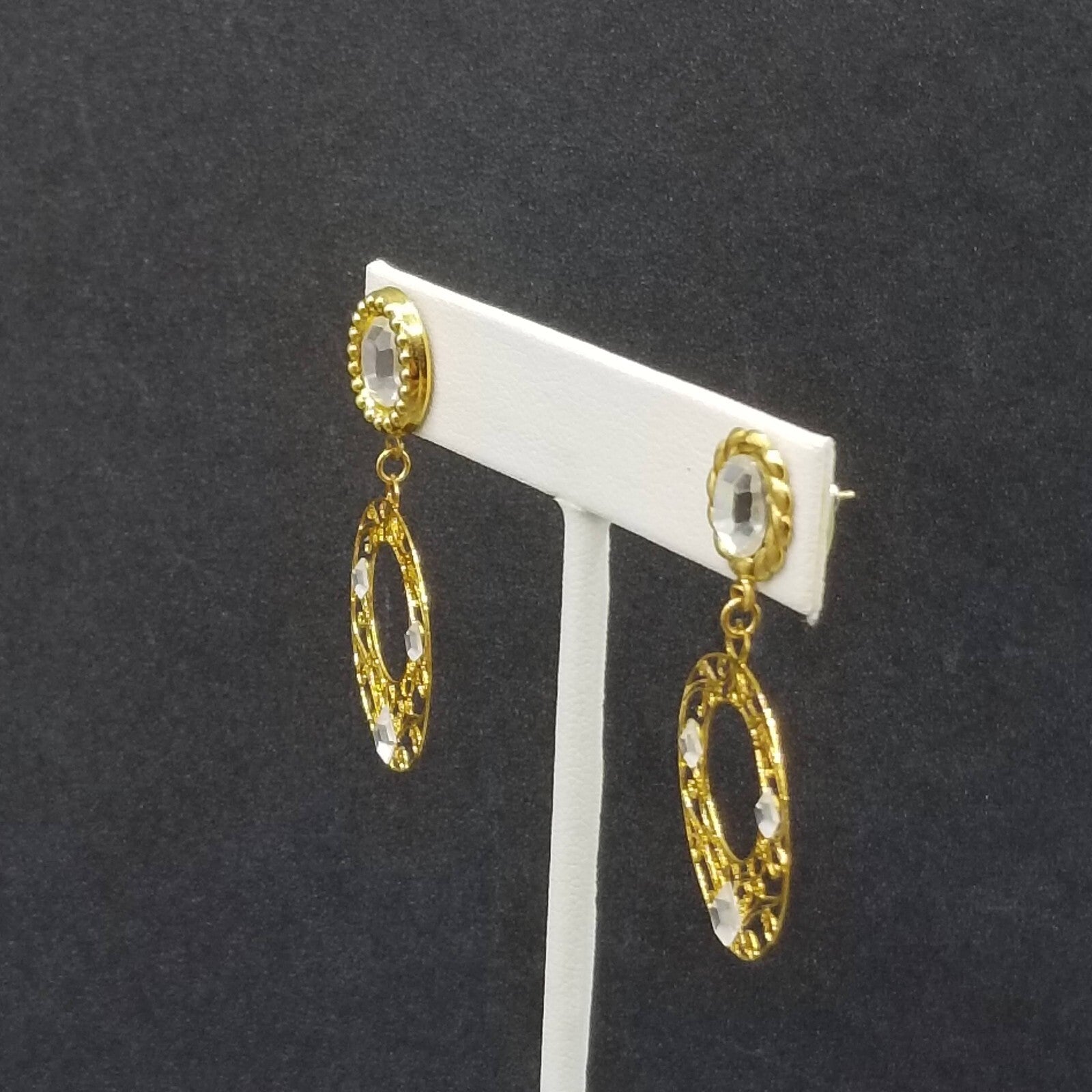 Pierced Earrings Gold tone Crystal Open Work Round Dangle 1 3/4"