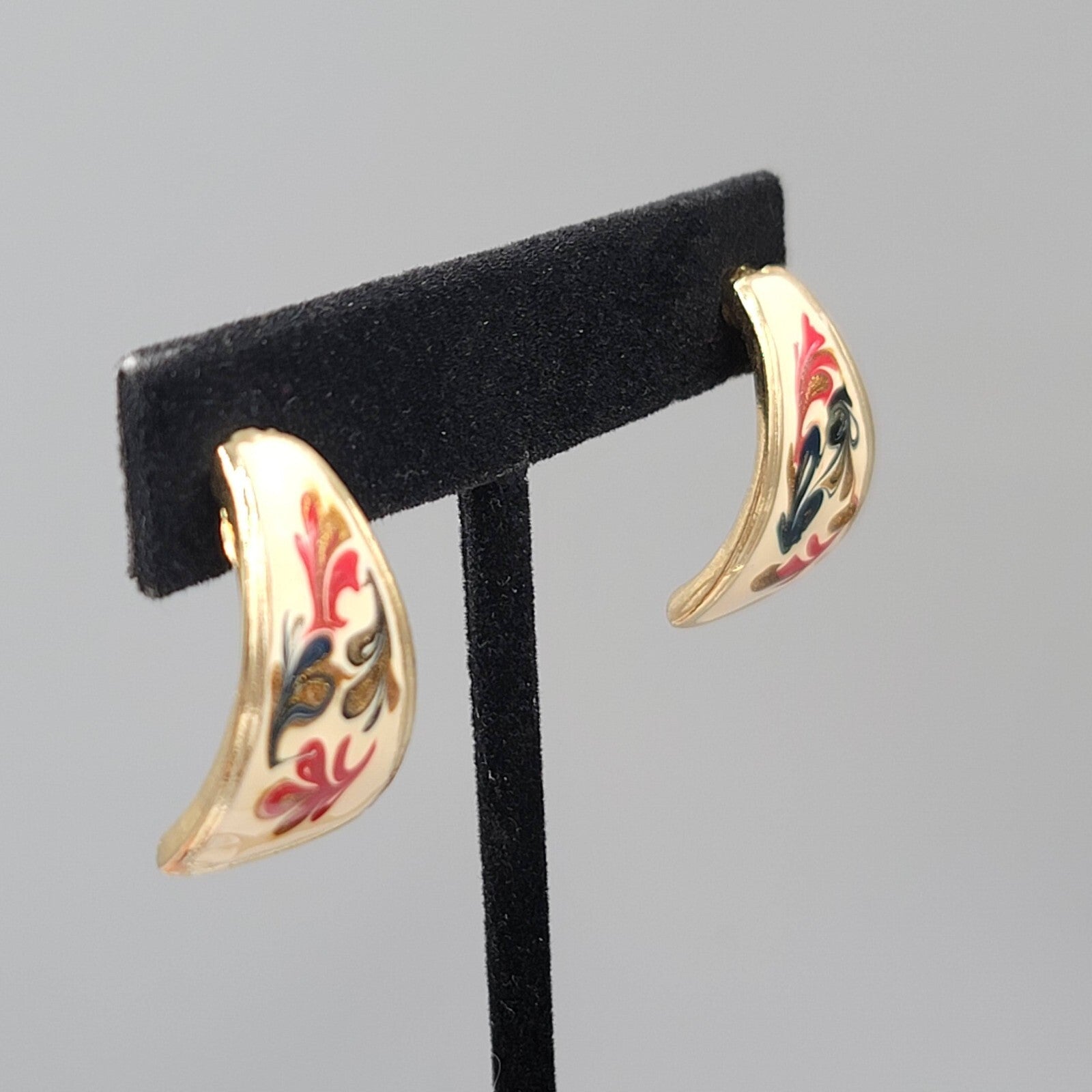 Vintage Pierced Earrings White Red Green Enamel Gold tone Drop 1"