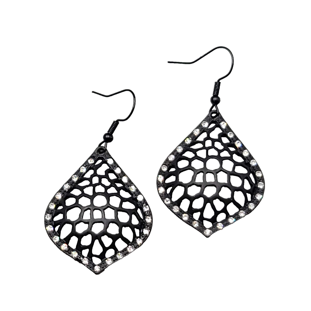 Black Enamel Pierced Earrings Crystal Rhinestone Dangle 1.5"
