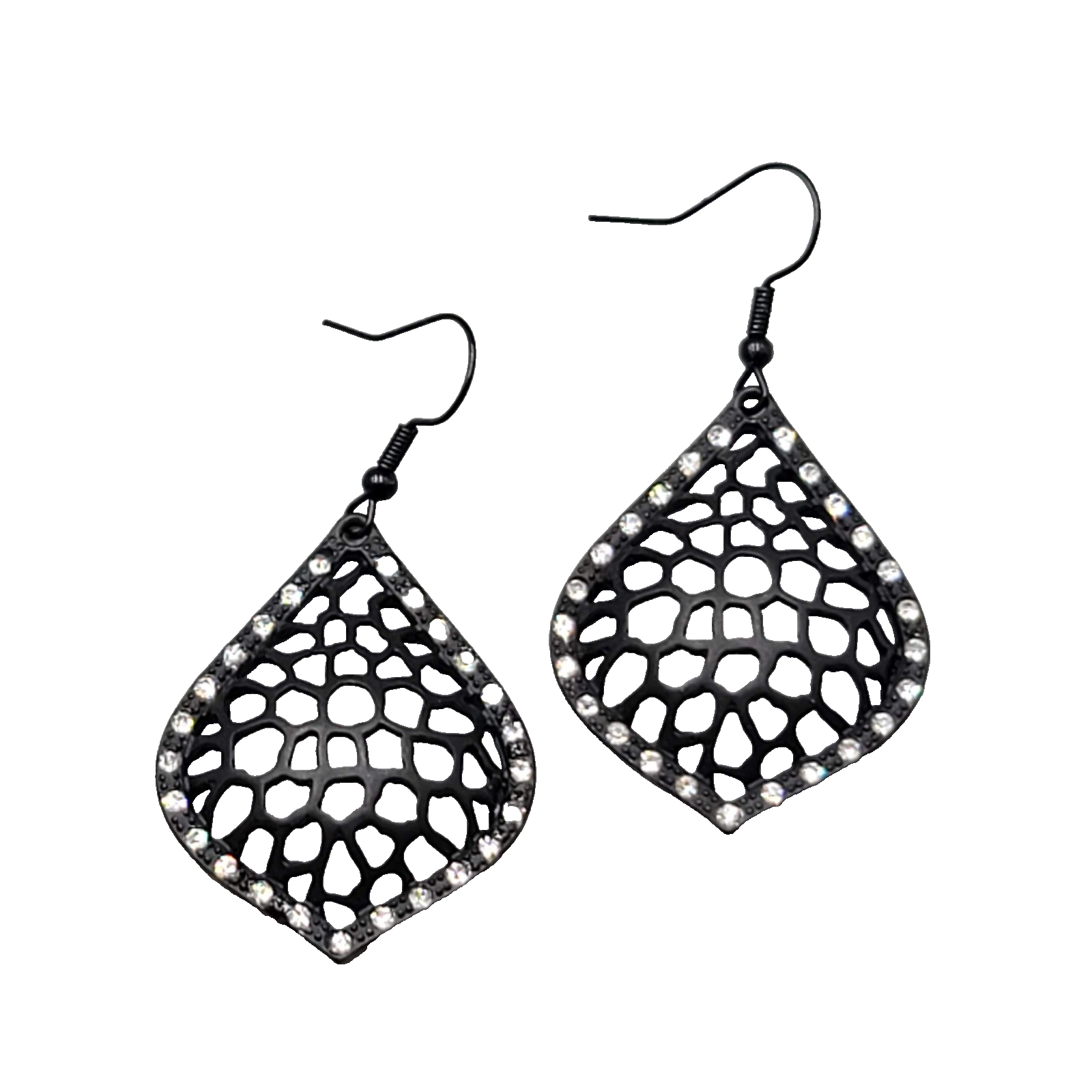 Black Enamel Pierced Earrings Crystal Rhinestone Dangle 1.5"