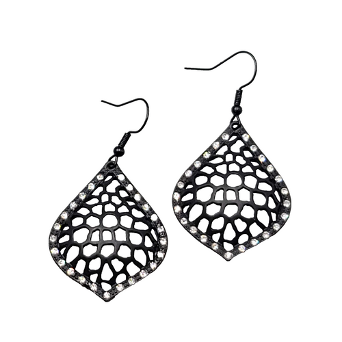Black Enamel Pierced Earrings Crystal Rhinestone Dangle 1.5"