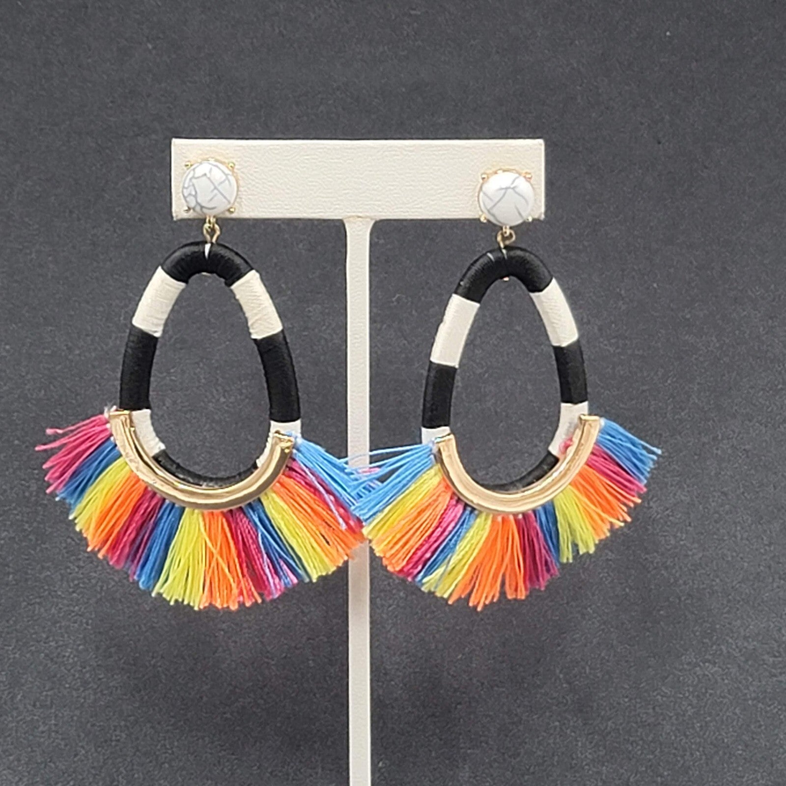 SugarFix Pierced Earrings Rainbow Black White Tassel Dangle Hoops 3"