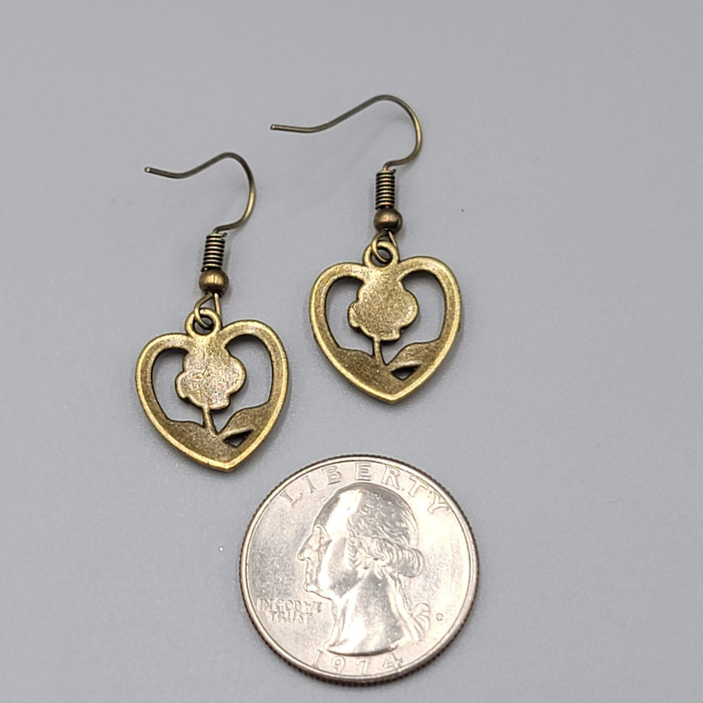 Rose Flower Heart Pierced Earrings Bronze tone Dangle NEW 5/8"