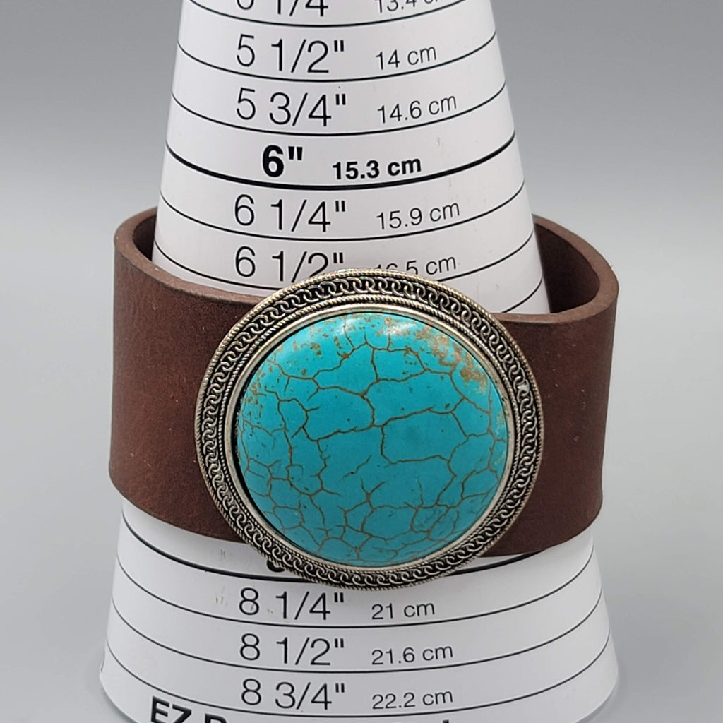 Wide Leather Statement Cuff Bracelet Blue Howlite Stone 6" or 7"