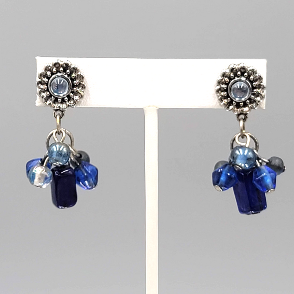 Oops a Daisy Pierced Earrings Blue Glass Beads Silver tone 1.5 in