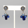 Oops a Daisy Pierced Earrings Blue Glass Beads Silver tone 1.5 in