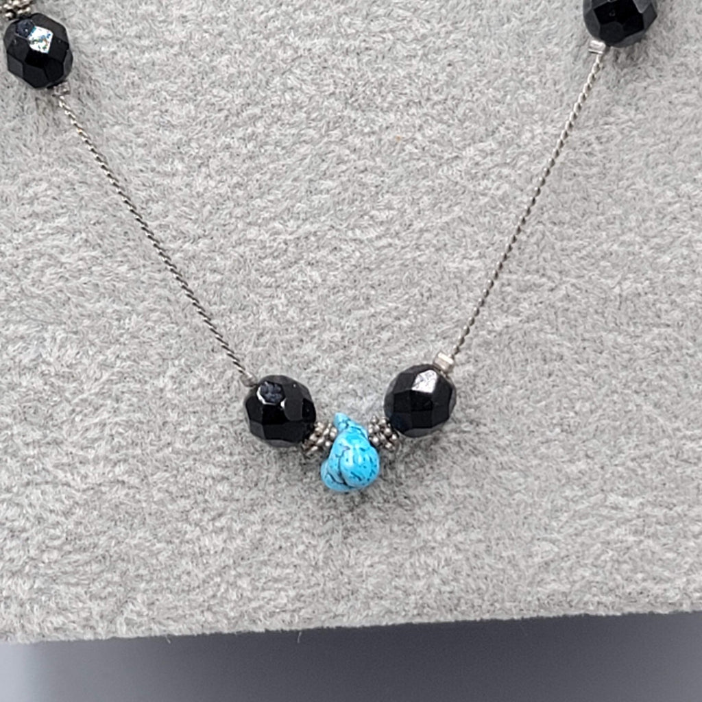 Black Bead Blue Stone Long Station Necklace Silver tone 30 in