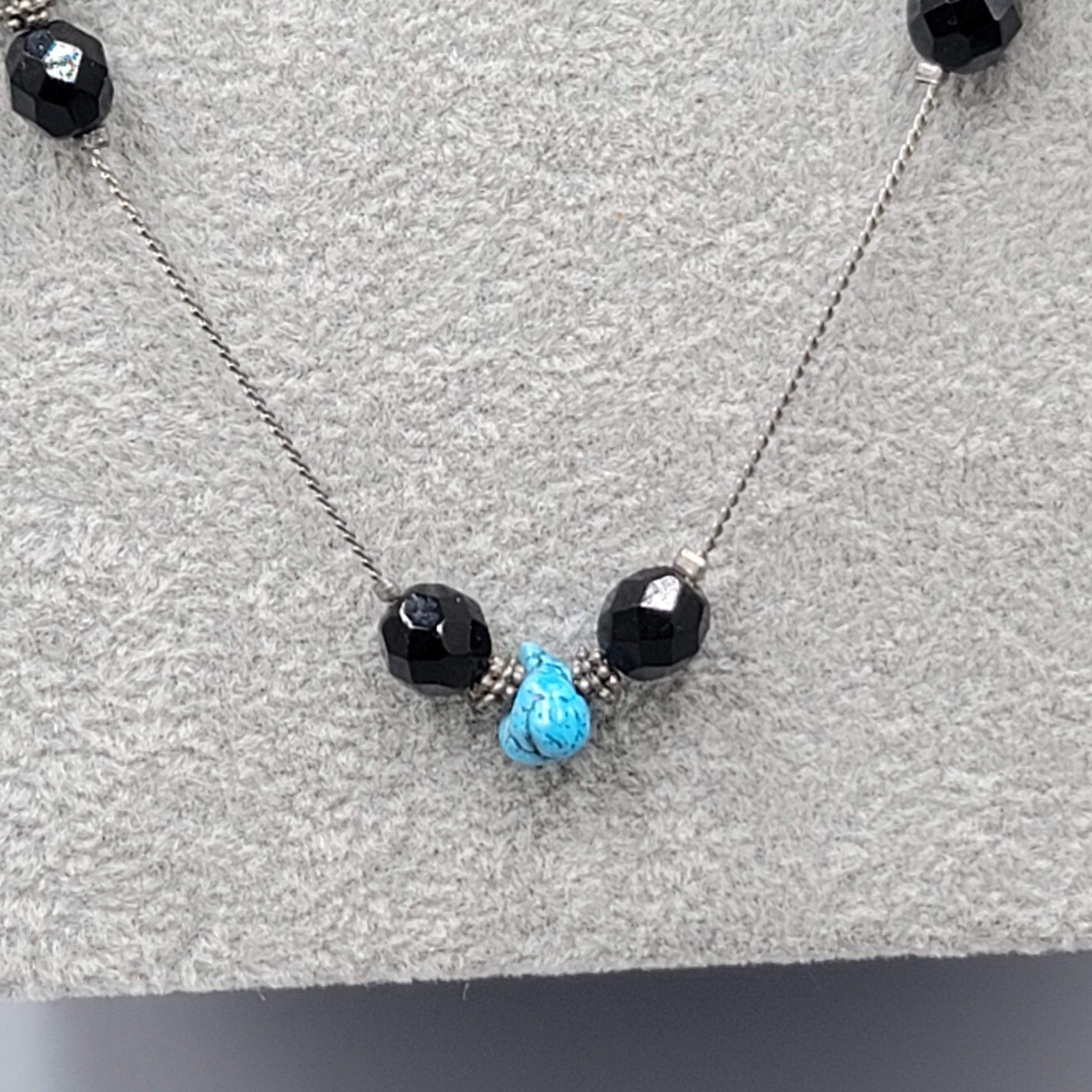 Black Bead Blue Stone Long Station Necklace Silver tone 30 in