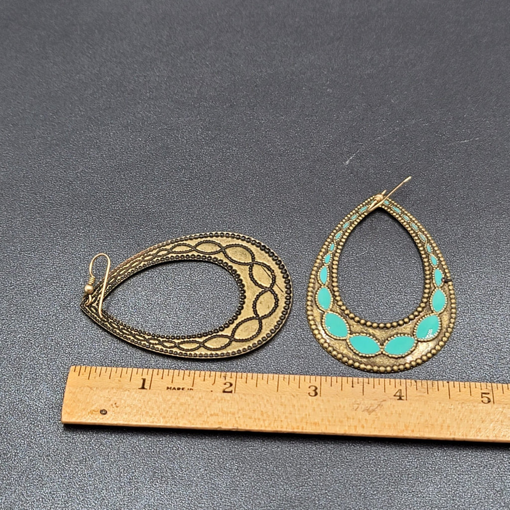 Pierced Earrings Bronze tone Blue Enamel Teardrop Hoops Large Dangle 2.75"
