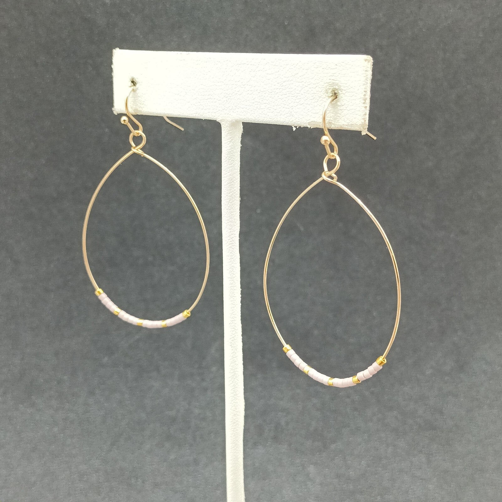 Pierced Earrings Gold tone Teardrop Wire Loop Lavender Seed Bead Dangle 1 3/4"