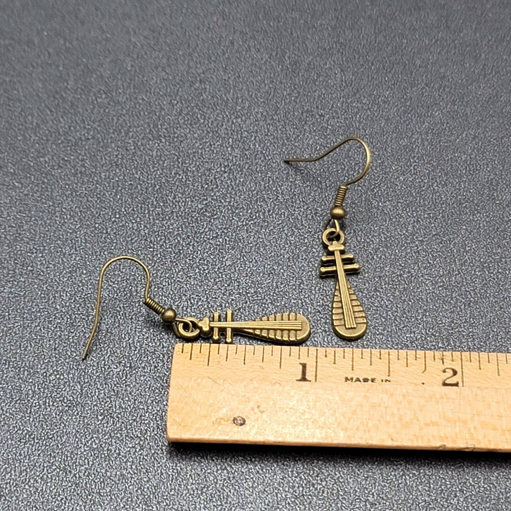 Lute Pierced Earrings Bronze tone Embossed Dangle New 1"