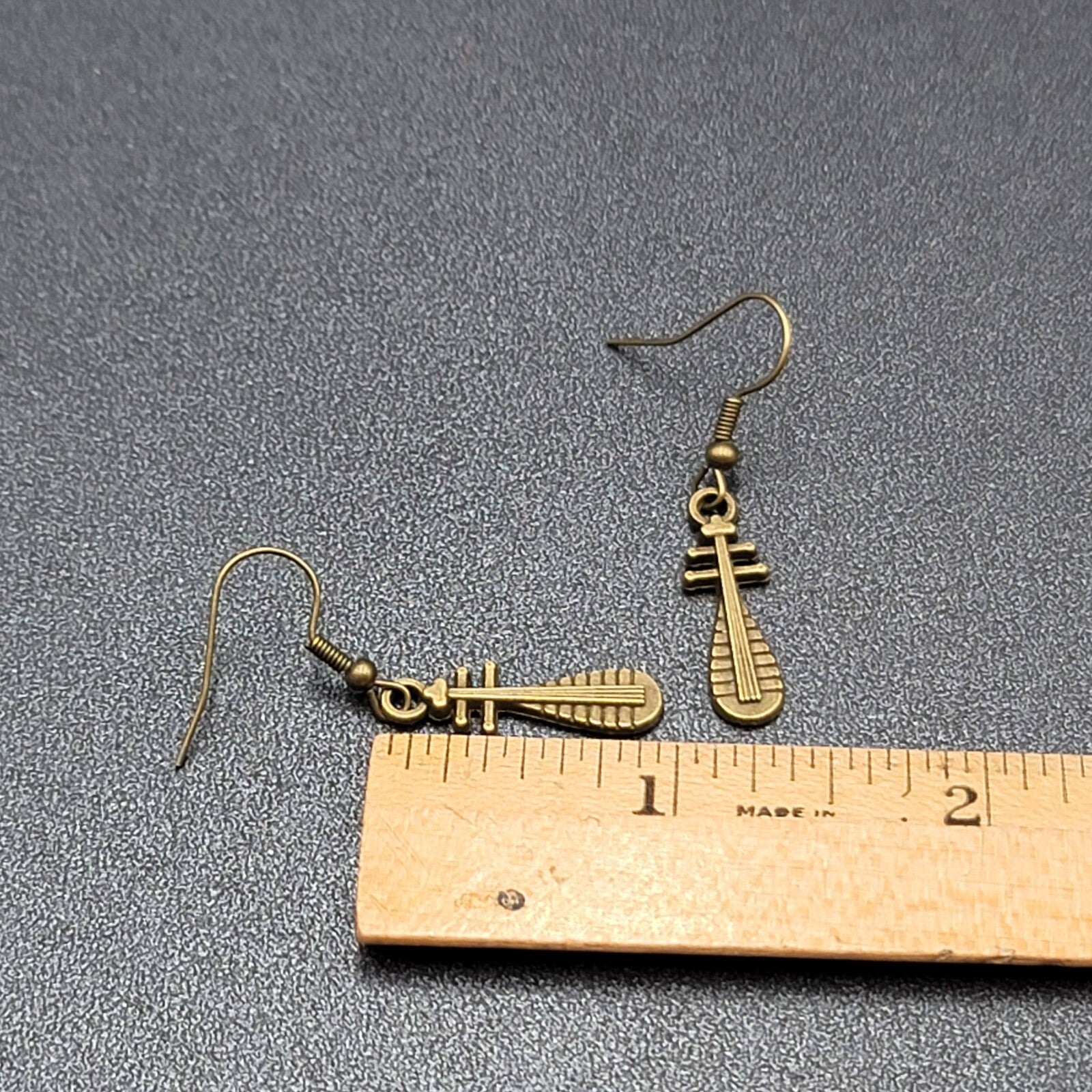 Lute Pierced Earrings Bronze tone Embossed Dangle New 1"