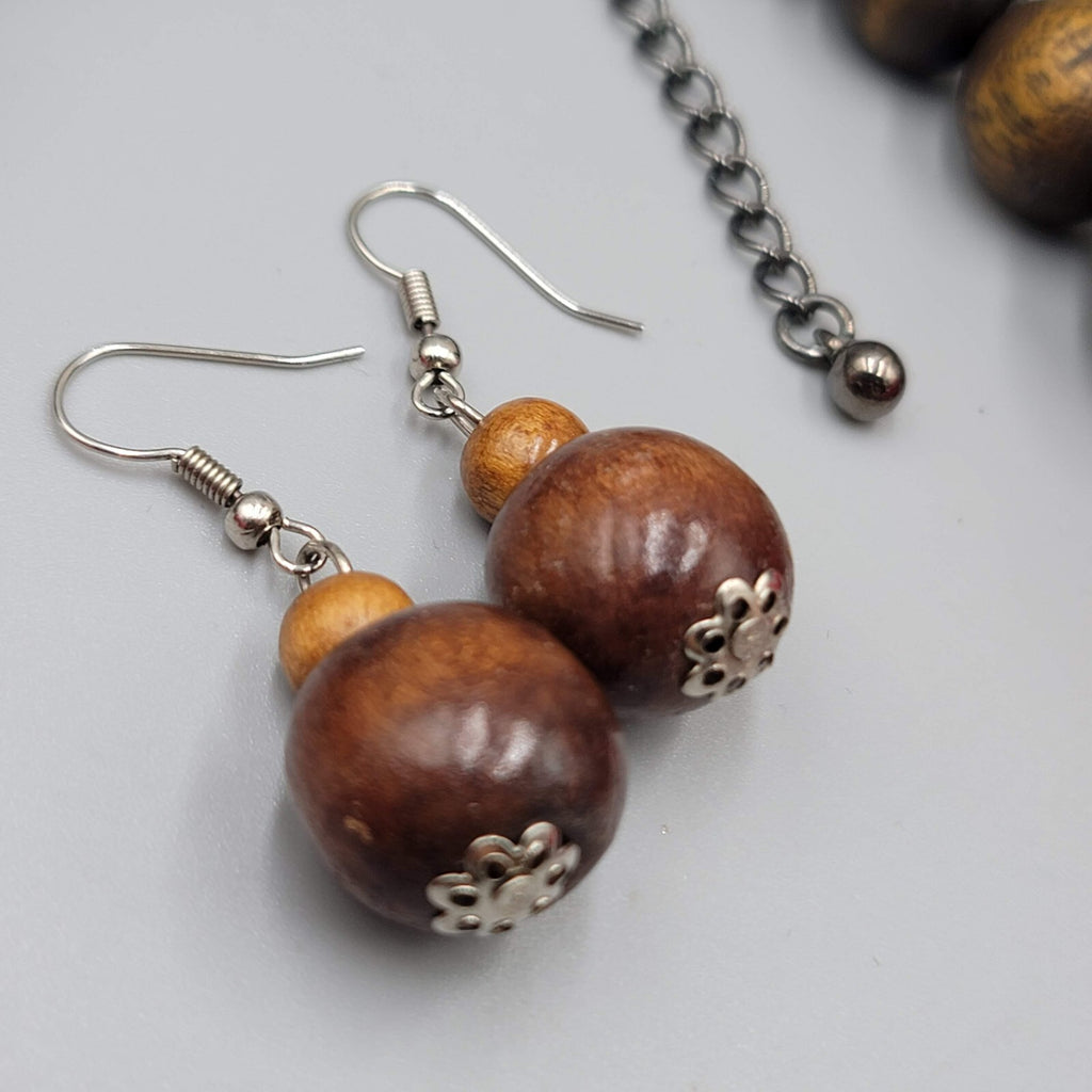 Wood Necklace Pierced Earrings Jewelry Set Large Bead Statement 18"-20"