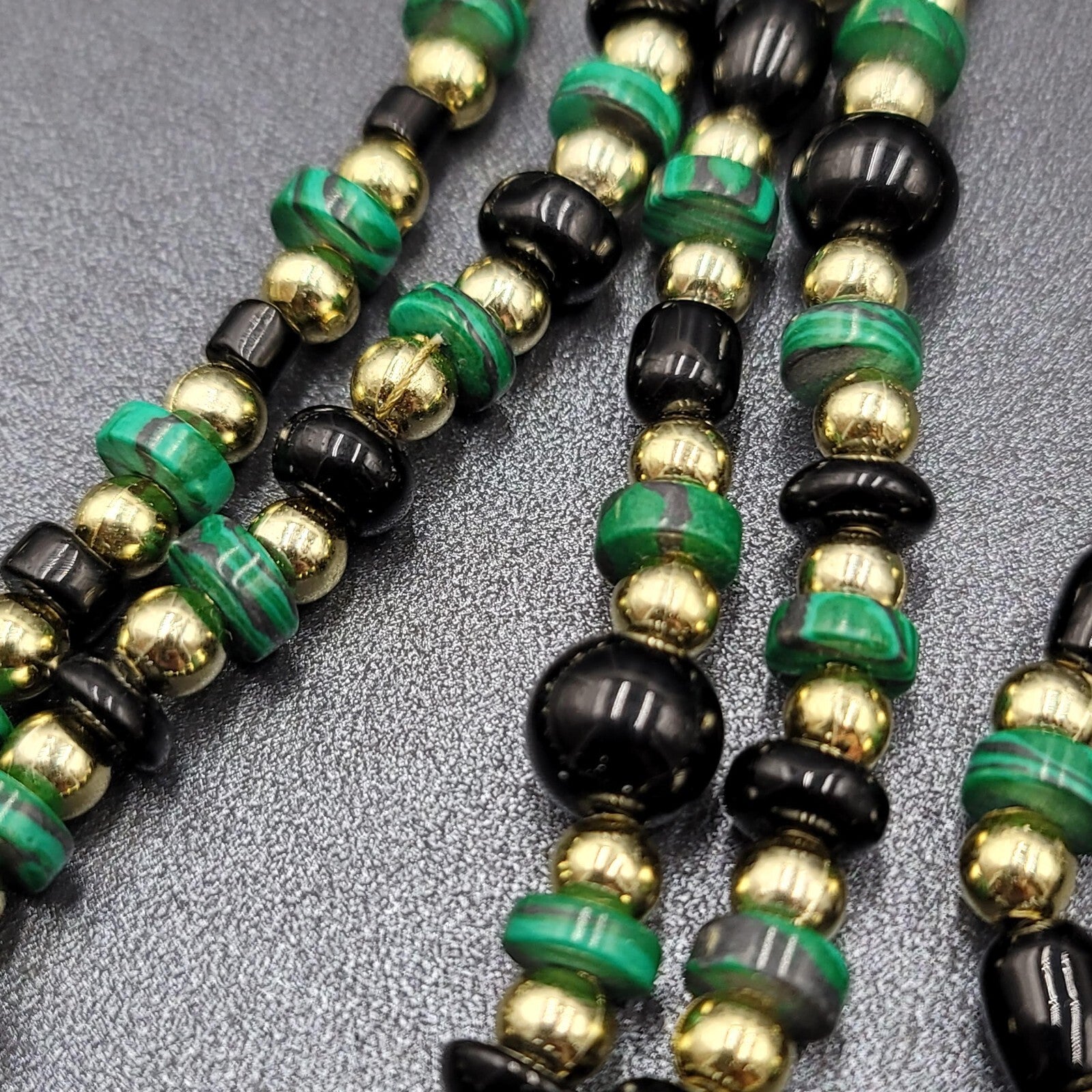 Beaded Necklace Gold tone Faux Malachite Bracelet Earrings Set Jewelry Set 52"