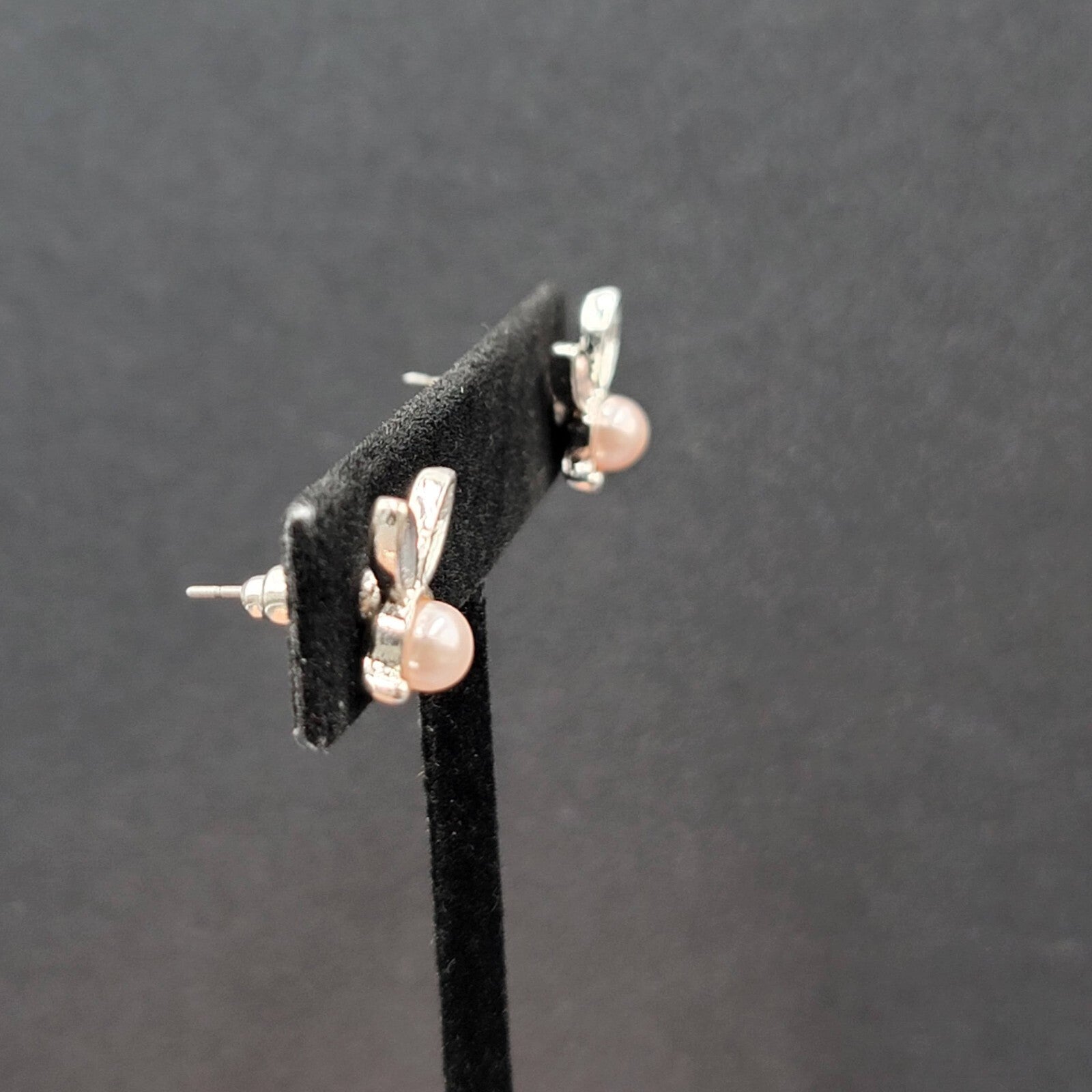 Bunny Rabbit Pierced Earrings Silver tone Faux Pink Pearl Studs 1/2"
