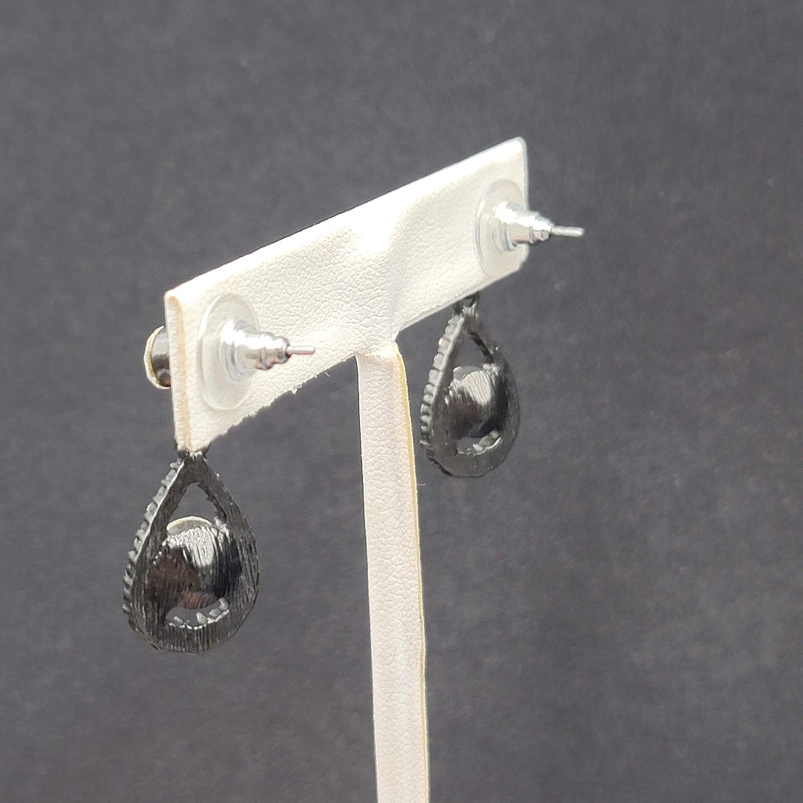 Pierced Earrings Black Metal Clear Rhinestone Teardrop Dangle 1.25"