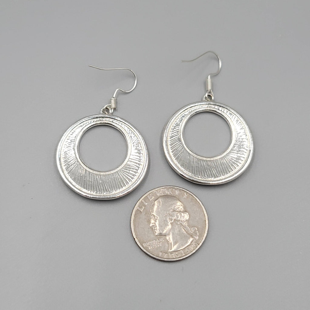 Open Circle Pierced Earrings Silver tone Black Enamel Dangle 1.25"