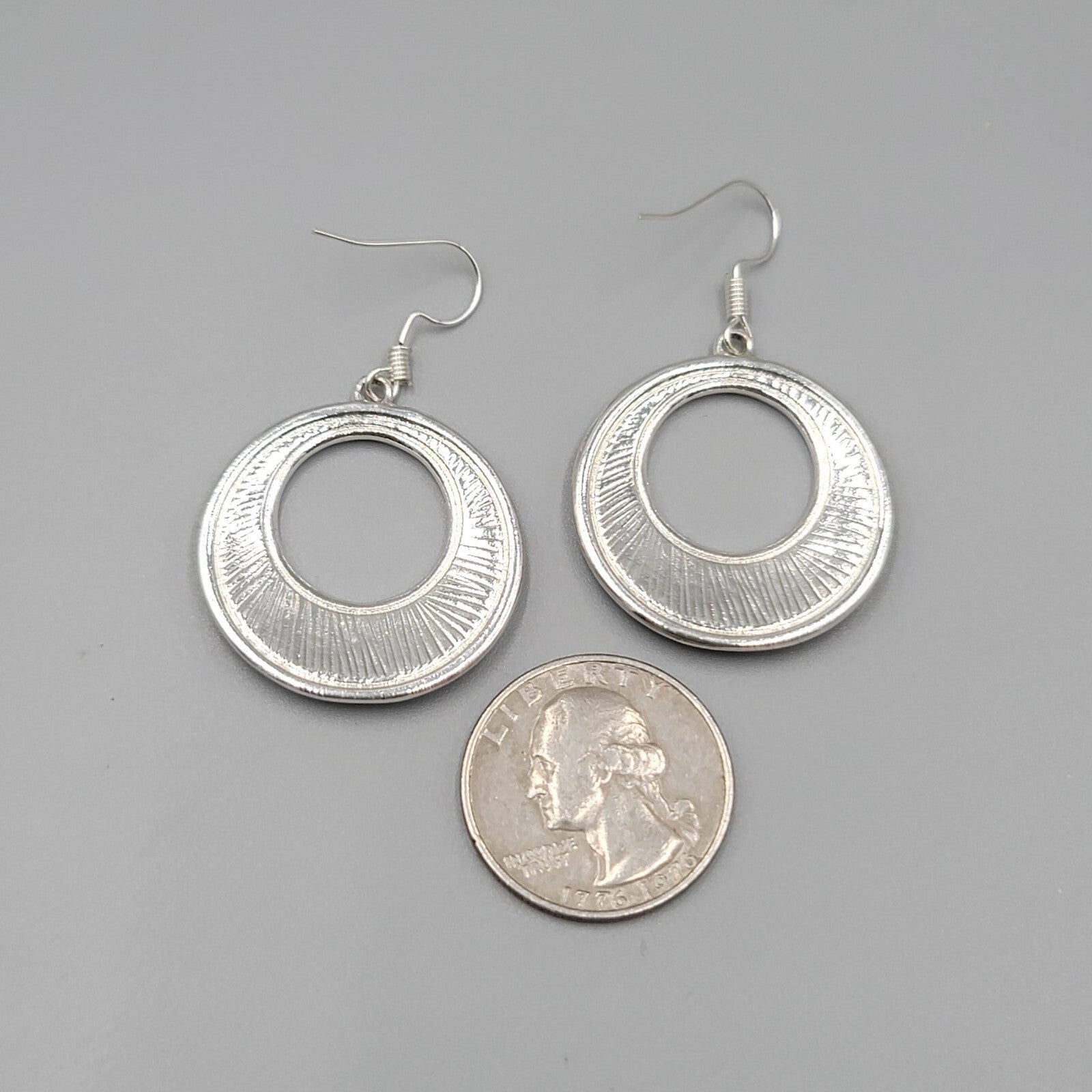 Open Circle Pierced Earrings Silver tone Black Enamel Dangle 1.25"