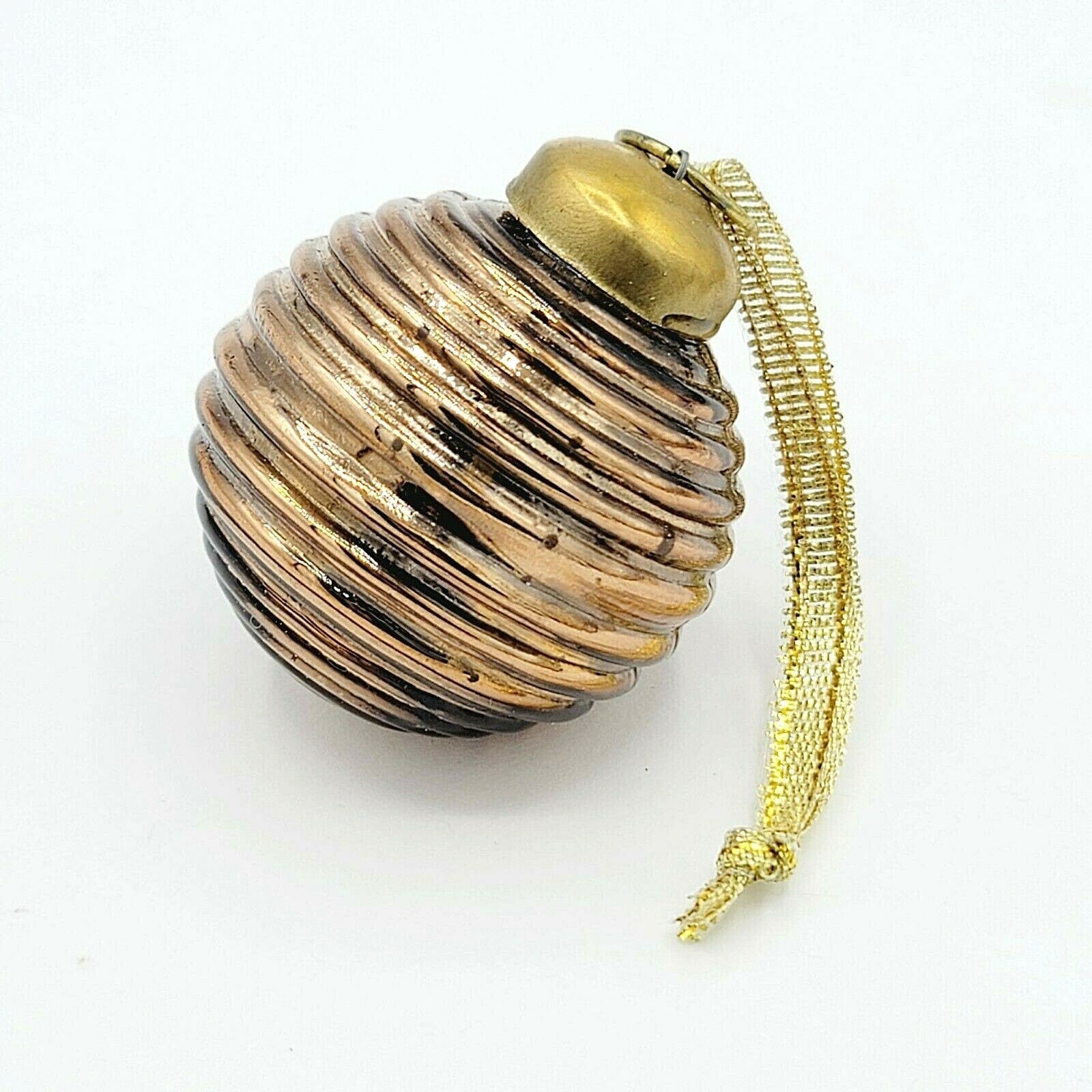 Vintage Blown Ribbed Glass Kugel Style Bronze tone Ball Christmas Ornament 1.75"