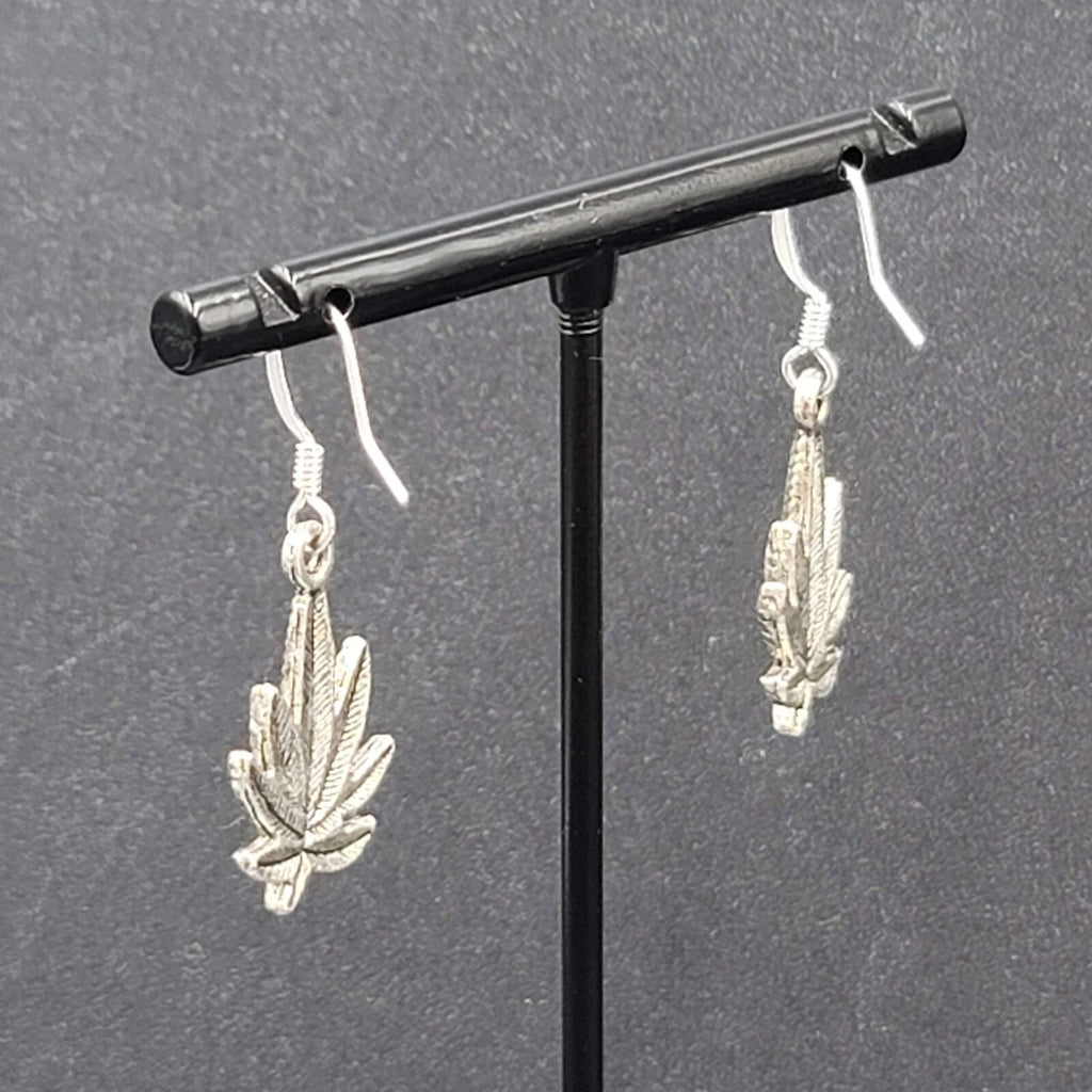 Pierced Earrings Silver tone Marijuana Pot Leaf Dangle 7/8"