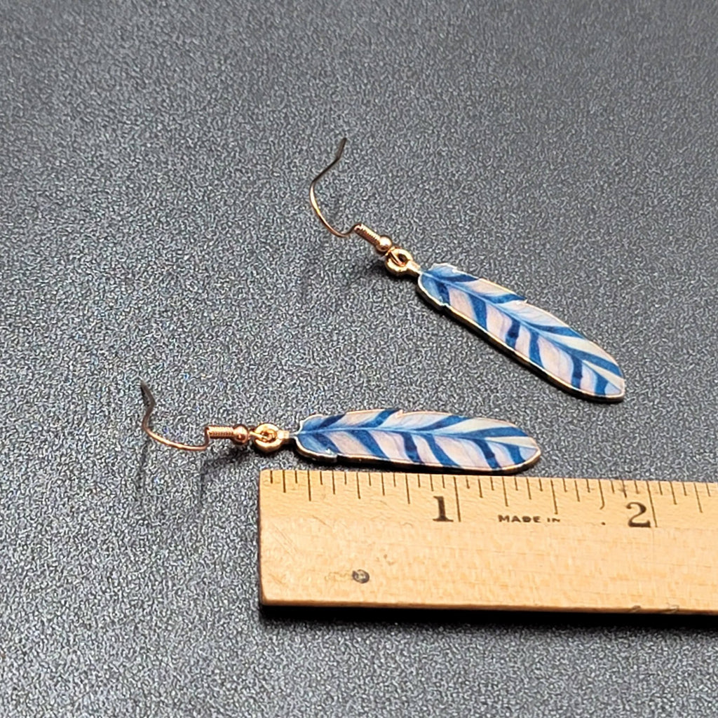 Metal Feather Pierced Earrings Blue White Striped Gold tone Dangle 1.5"