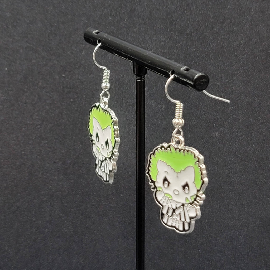 Beetlejuice Pierced Earrings Enamel Silver tone Horror Movie Dangle 1.25" FS