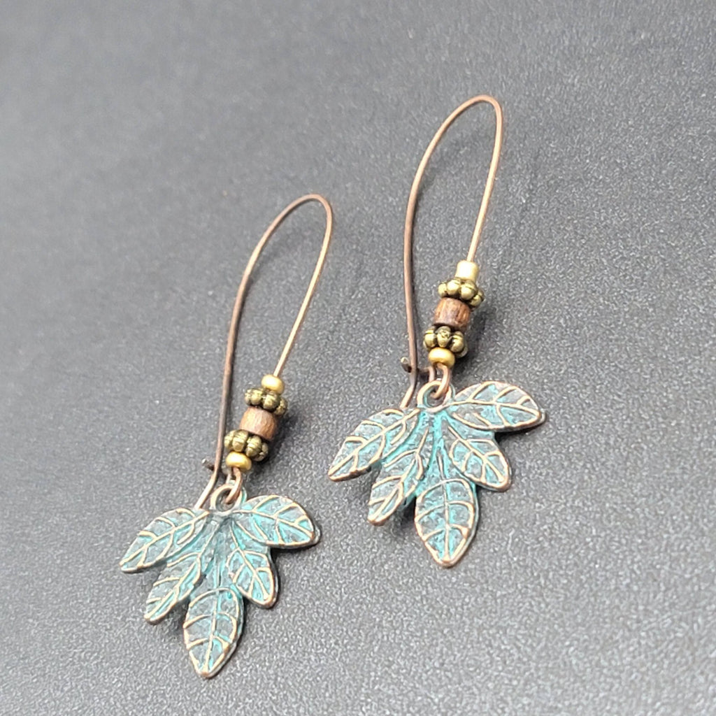 Pierced Earrings Bronze tone Green Patina Leaf Beaded Dangle 2.25"