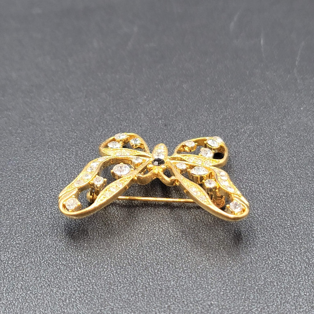 Vintage Butterfly Brooch Gold Plated Black Rhinestone 1.5"