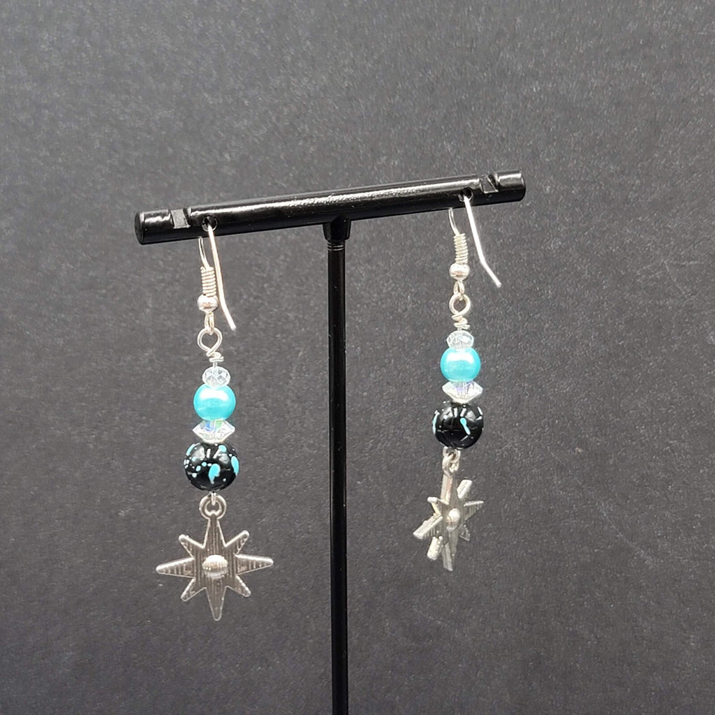 Pierced Earrings Silver tone Blue Bead Rhinestone Star Dangle 1.75"