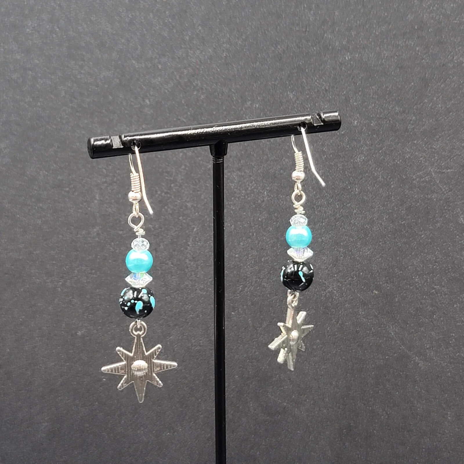 Pierced Earrings Silver tone Blue Bead Rhinestone Star Dangle 1.75"