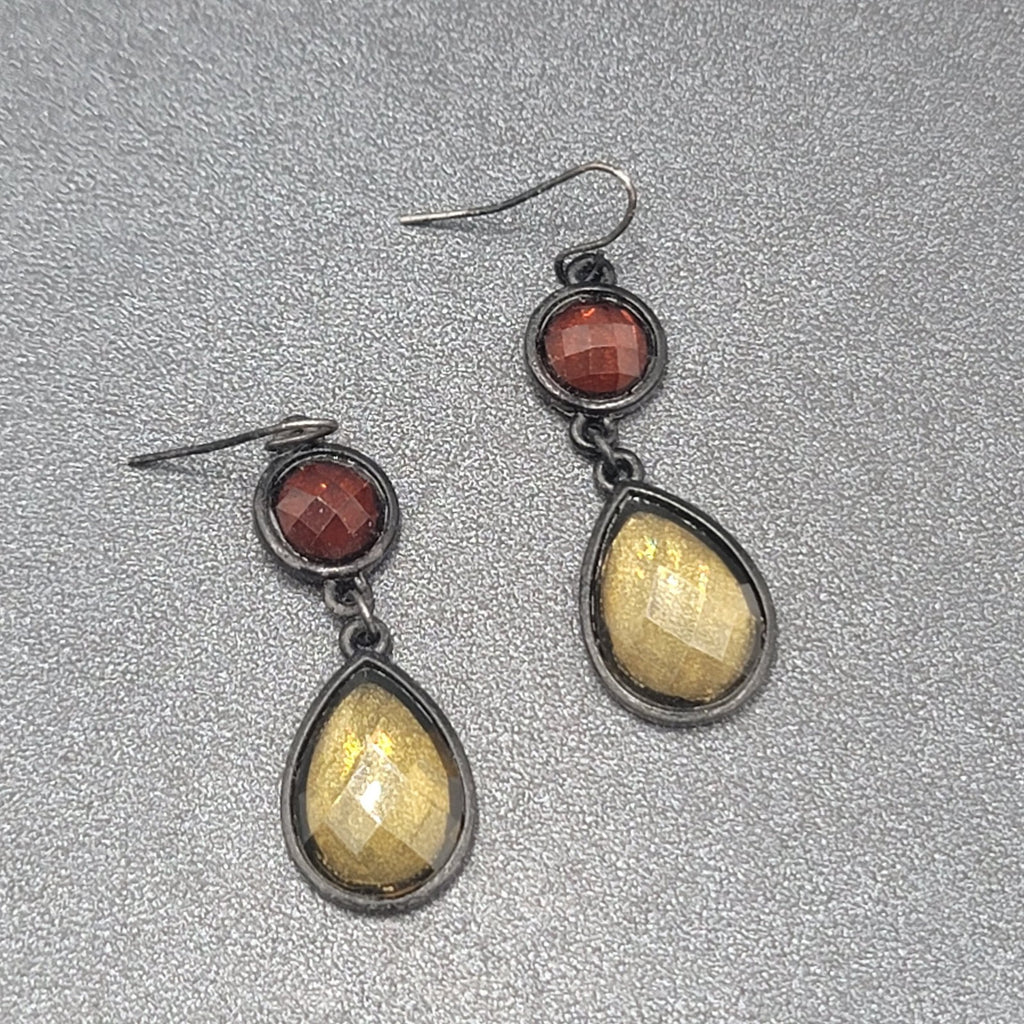 Pierced Earrings Black Metal Orange Yellow Acrylic Dangle 1.5"