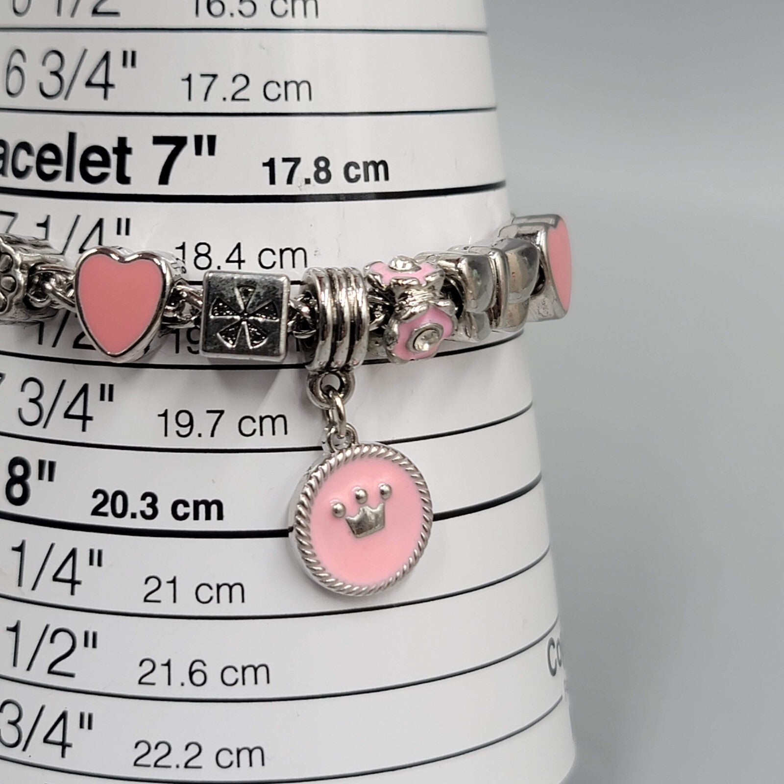 Slide Charm Bracelet Pink Enamel Hearts Beads Silver tone  7.25 in