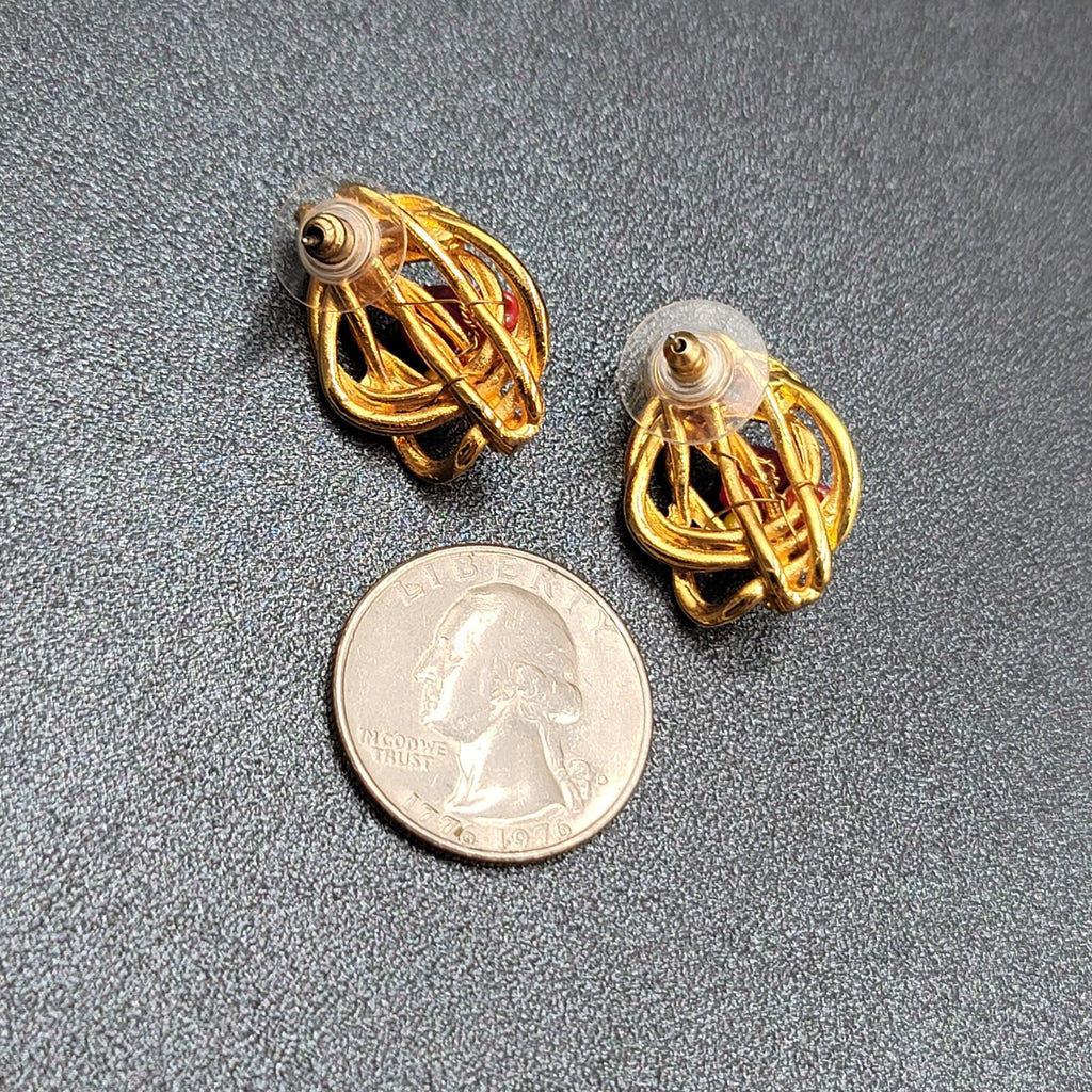 Pierced Earrings Gold Plated Pink Yellow Beaded Artistic Drop 1"