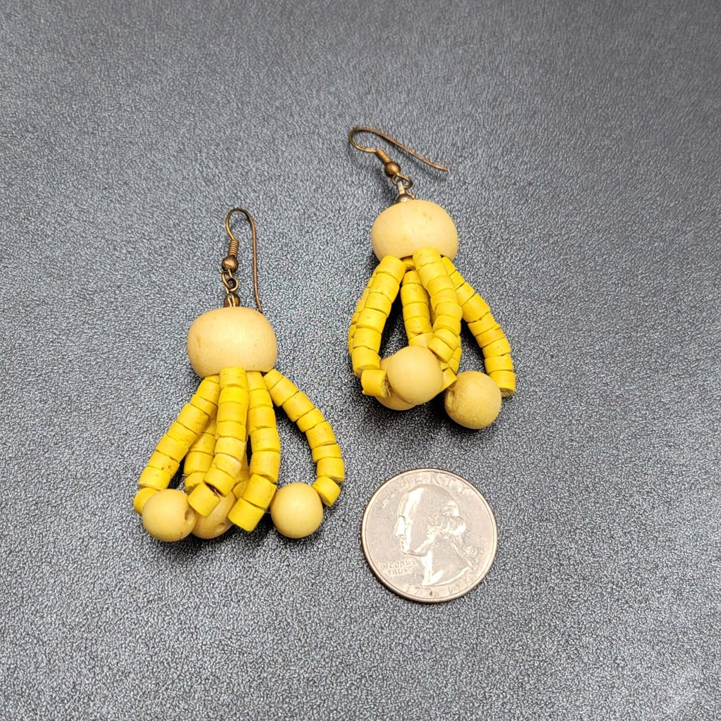 Vintage Pierced Earrings Wood Yellow Bead Dangle 1.75"