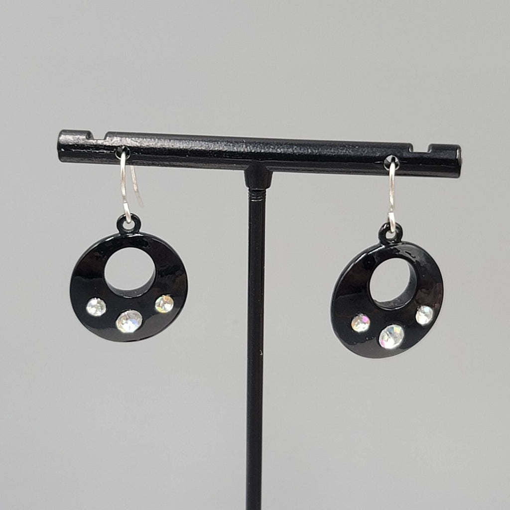Pierced Earrings Black Enamel AB Rhinestone Silver tone Dangle 7/8"