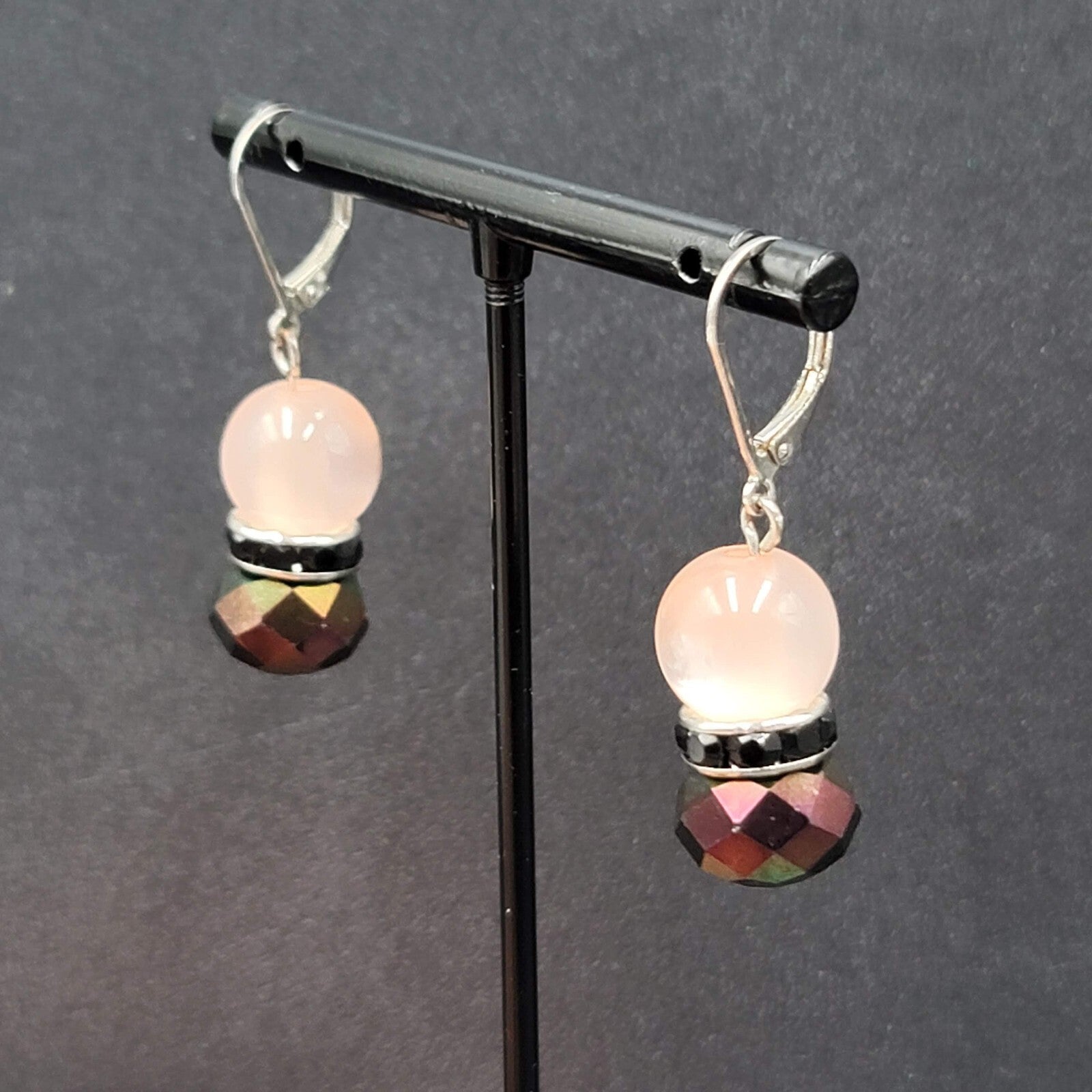 Pierced Earrings Pink Moon Glow AB Glass Bead Dangle 1"