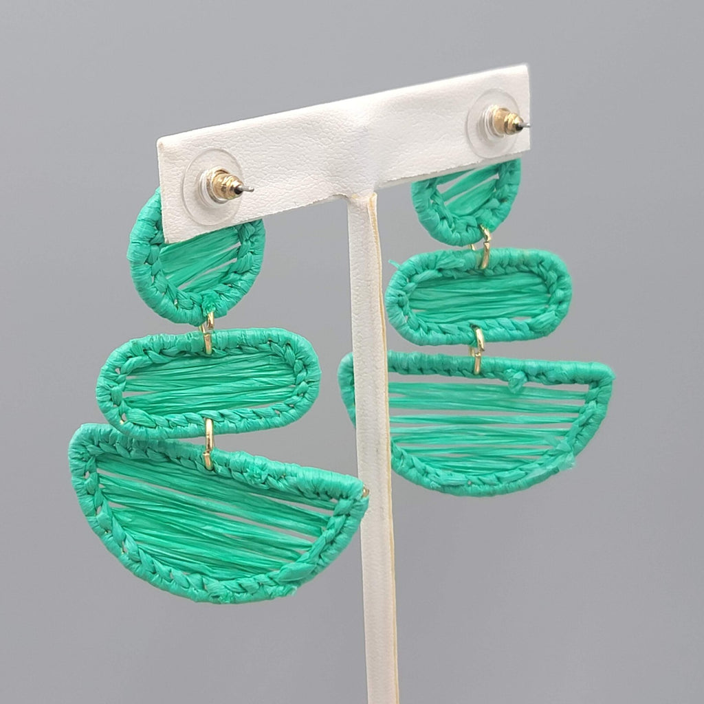 Green Rattan Pierced Earrings Statement Dangle 2.5"