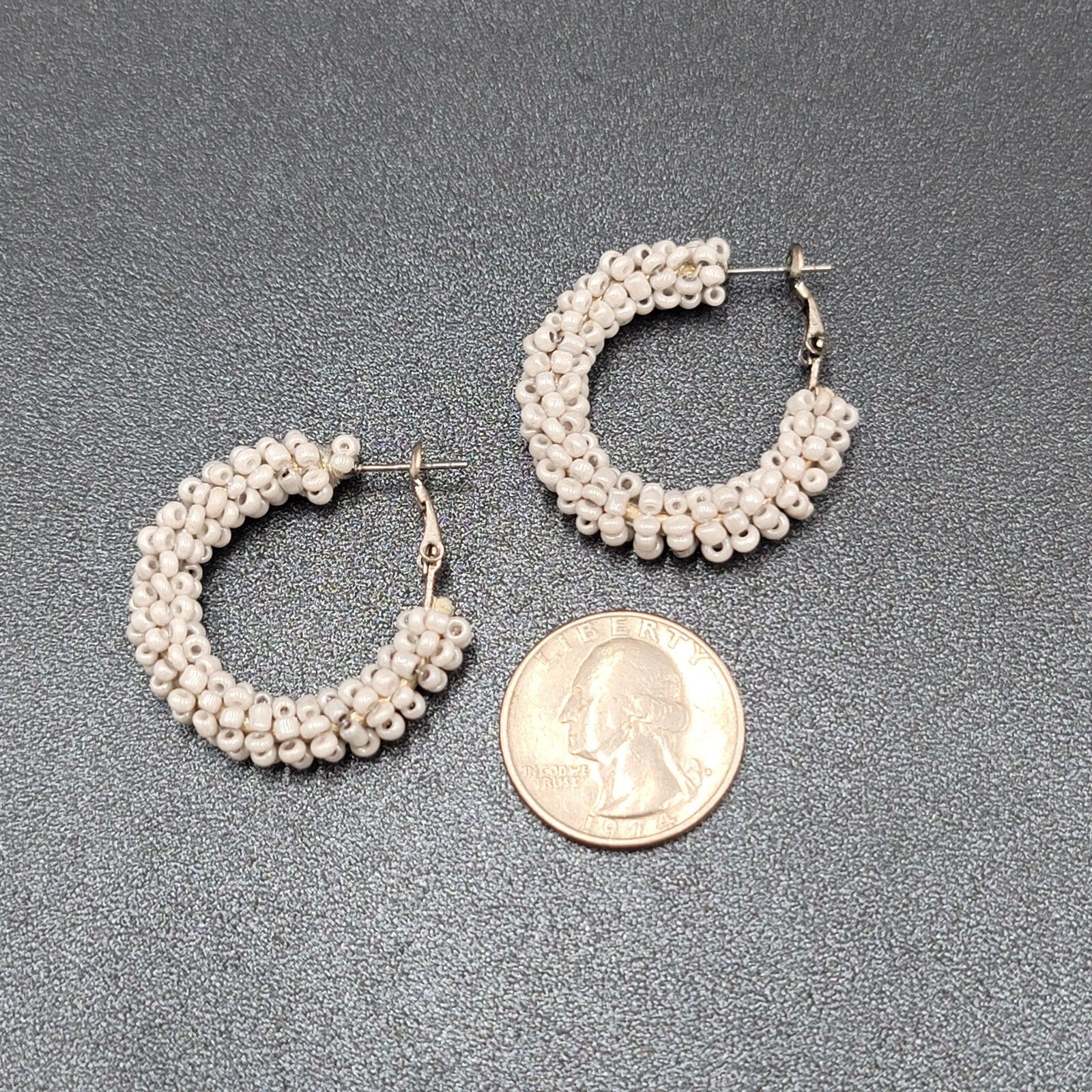 Pierced Earrings Light Gray Seed Bead Covered Hoops 1.25"