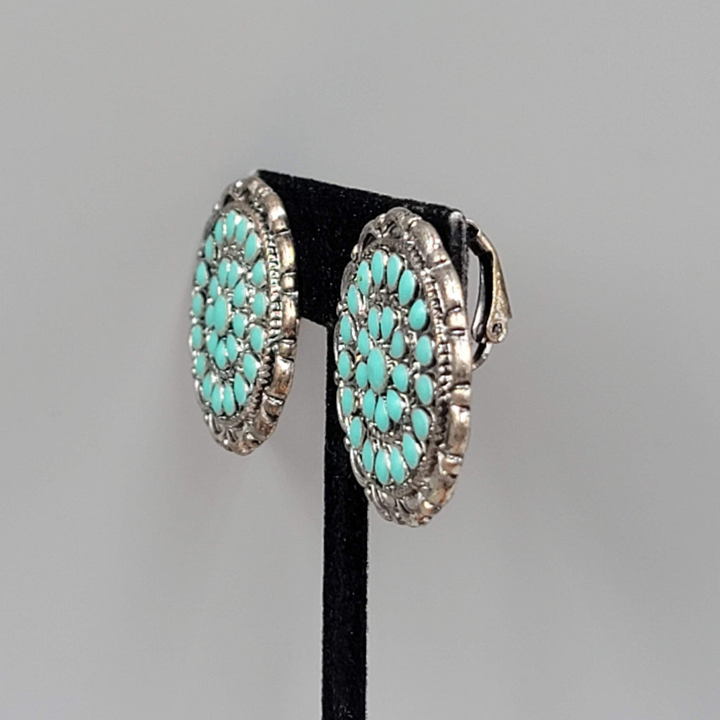 Vintage Southwest Style Clip on Earrings Dark Silver tone Blue Enamel 1 1/8"