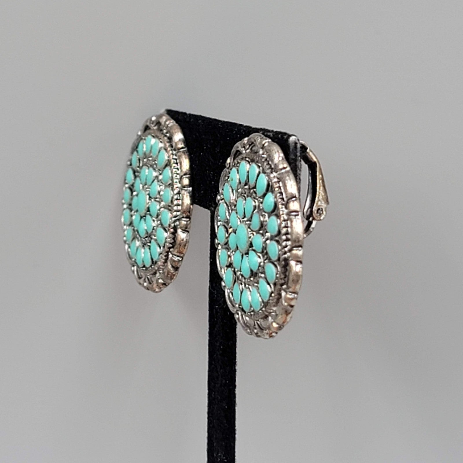 Vintage Southwest Style Clip on Earrings Dark Silver tone Blue Enamel 1 1/8"