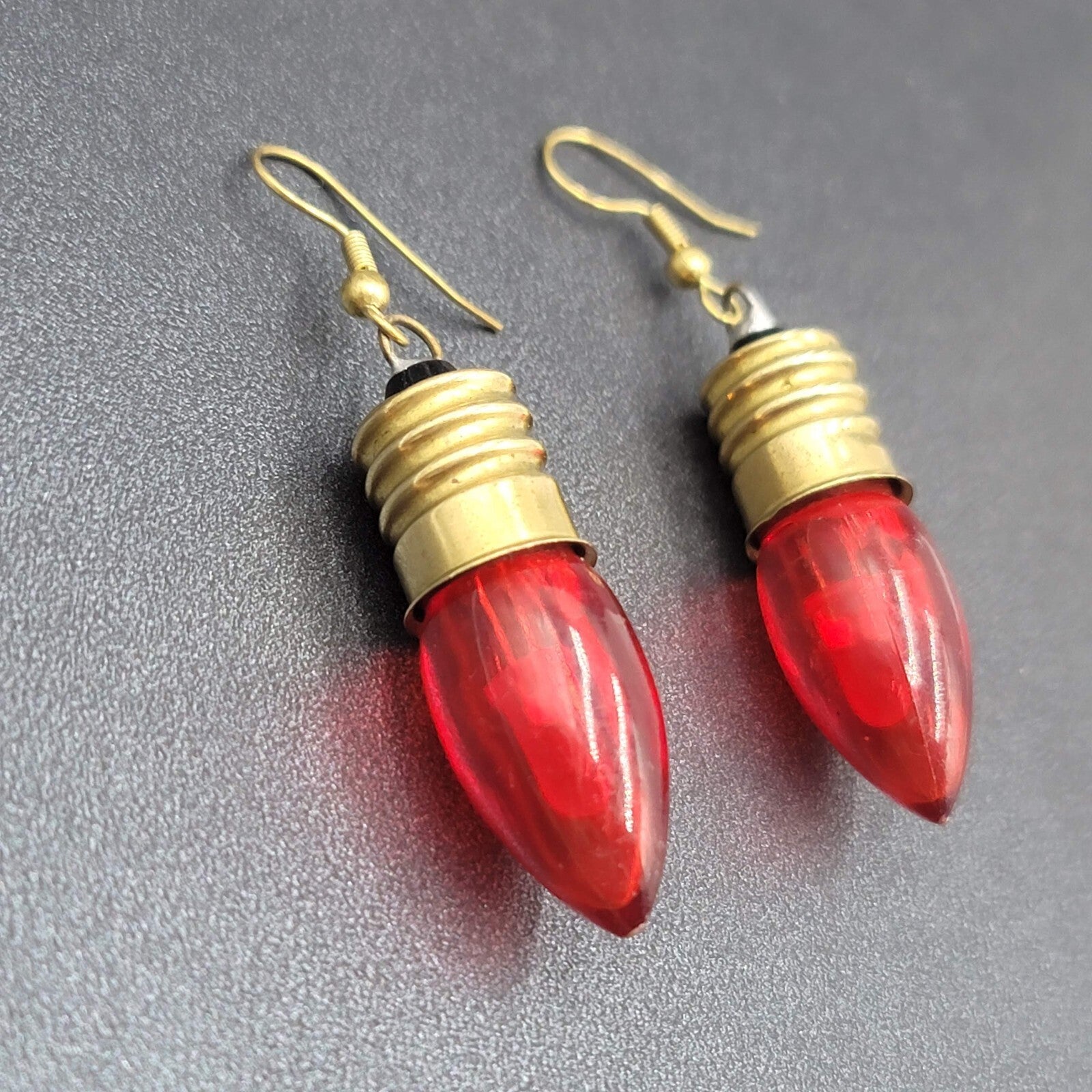Christmas Pierced Earrings Gold tone Red Christmas Bulbs 1.75"