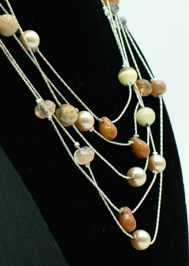 Liz Claiborne LC Necklace Multi Strand Cats Eye Agate Pearl Beads 16" - 18"